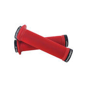 2 red flange mountain bike grips with  black lockrings and uberbike branding on a white background