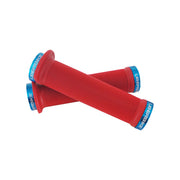 2 red flange mountain bike grips with blue lockrings and uberbike branding on a white background