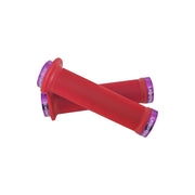 2 red flange mountain bike grips with purple lockrings and uberbike branding on a white background