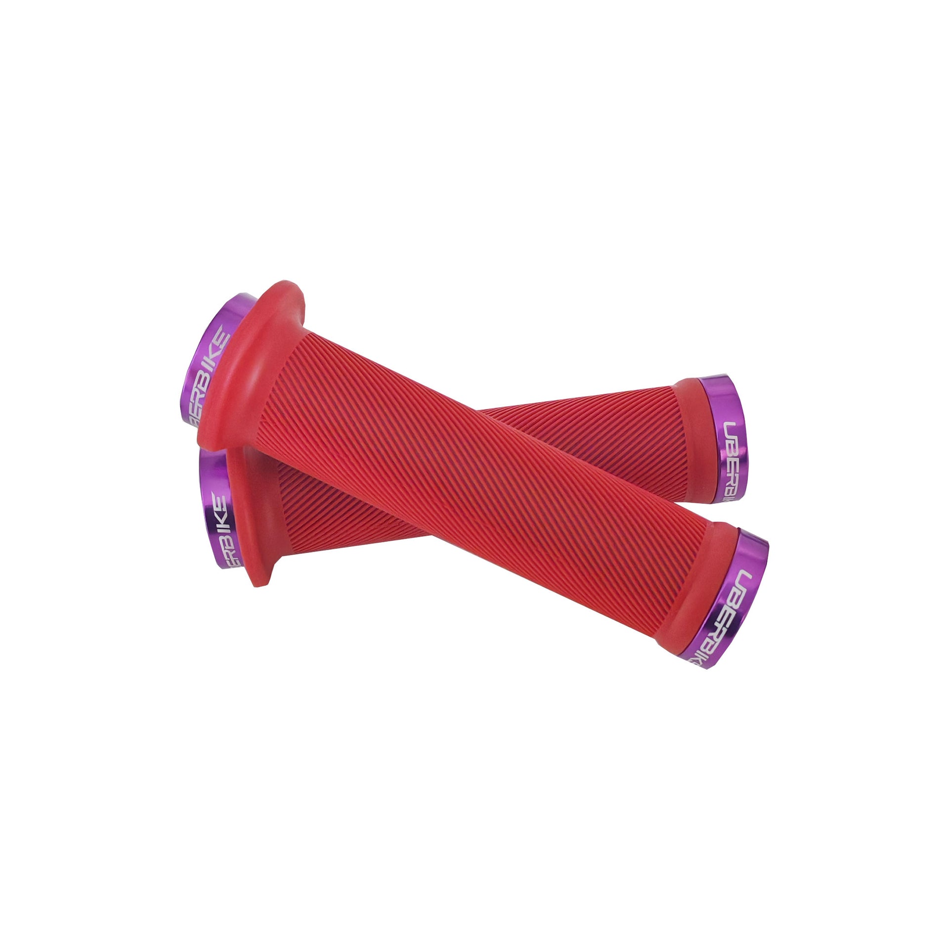 2 red flange mountain bike grips with purple lockrings and uberbike branding on a white background