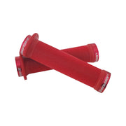 2 red flange mountain bike grips with  red lockrings and uberbike branding on a white background