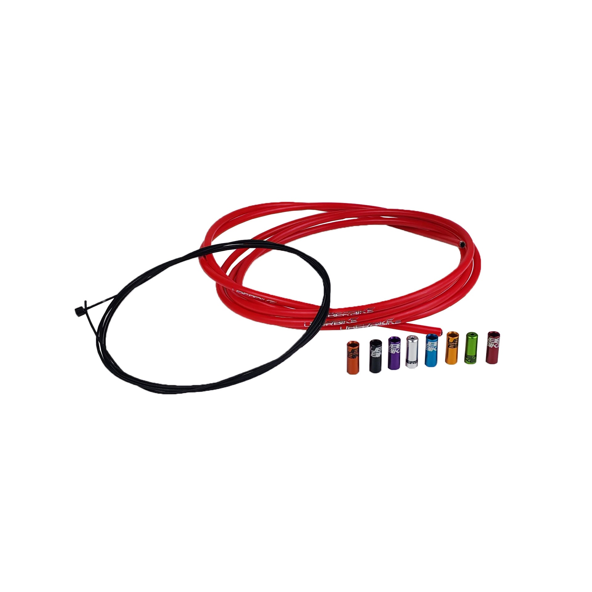red bicycle gear cable kit with different coloured sealed ferrules on a white background