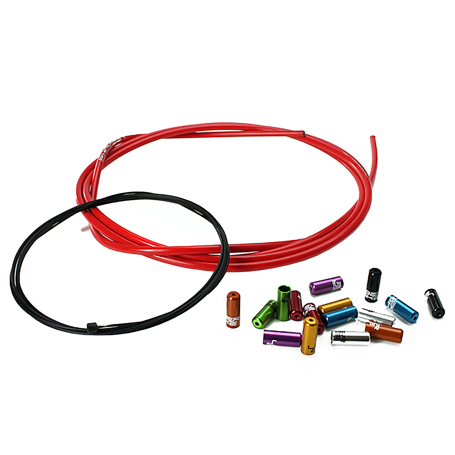 red gear cable with gear inner wire and various sealed ferrules on a white background