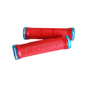 2 red half waffle mountain bike grips with blue lockrings and uberbike branding on a white background