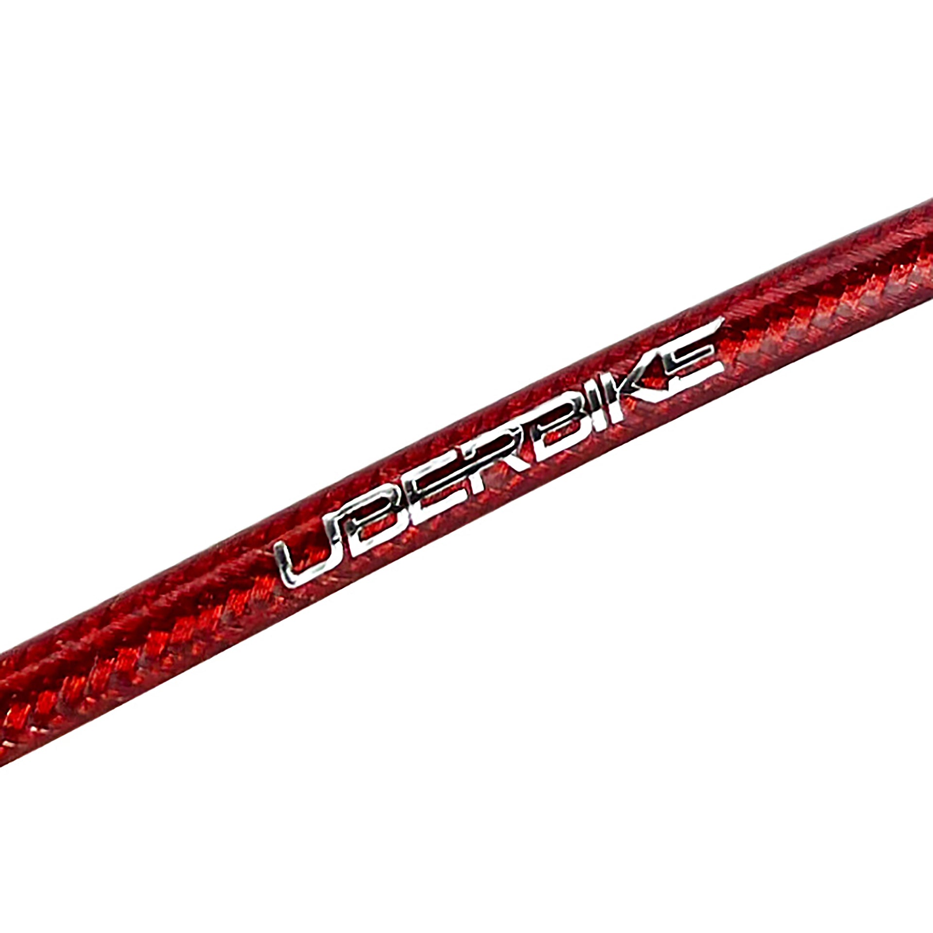Red braid hydraulic kevlar clarks brake hose with uberbike branding on a white background