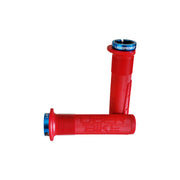 2 red mushroom mountain bike grips with blue lockrings and uberbike branding on a white background