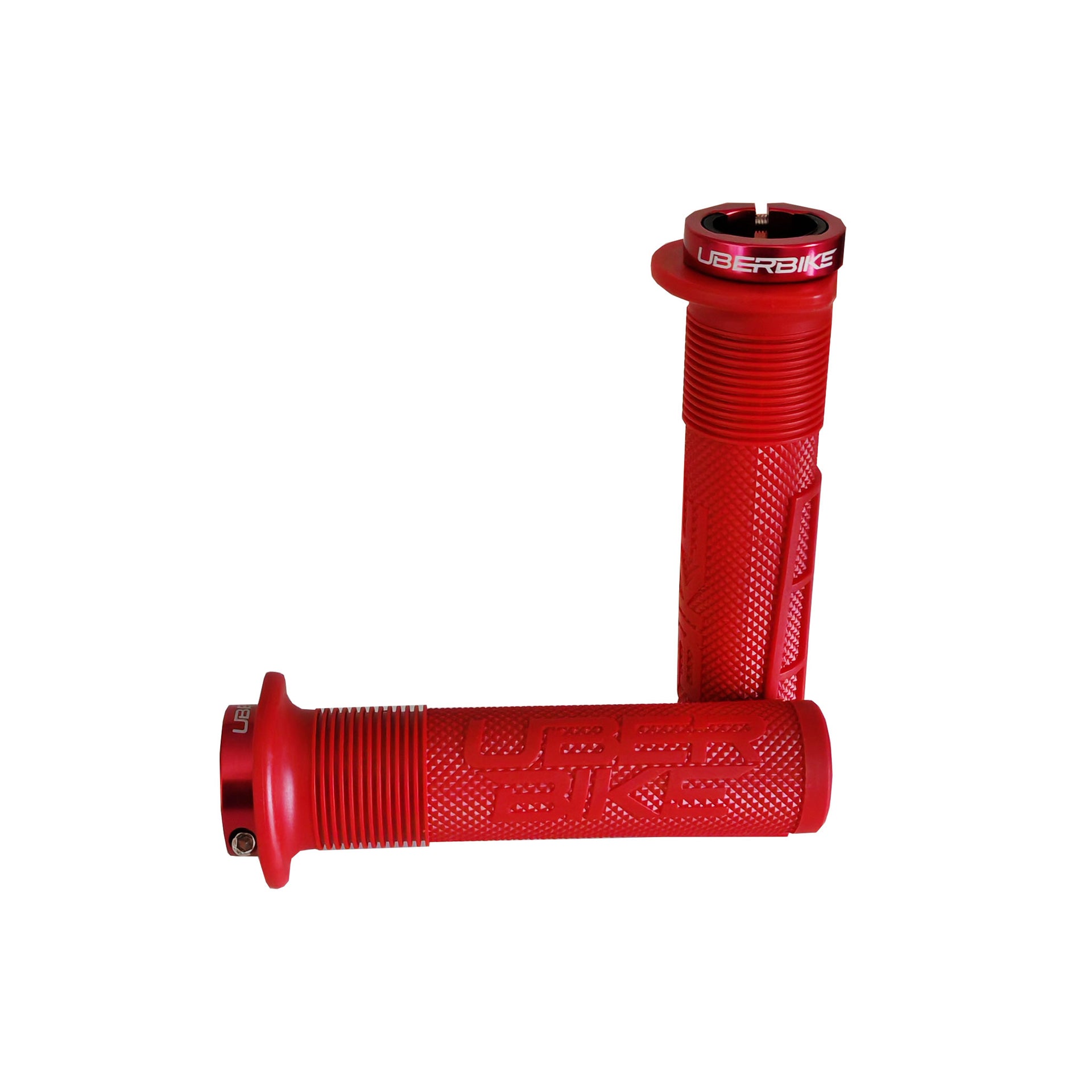 2 red mushroom mountain bike grips with red lockrings and uberbike branding on a white background