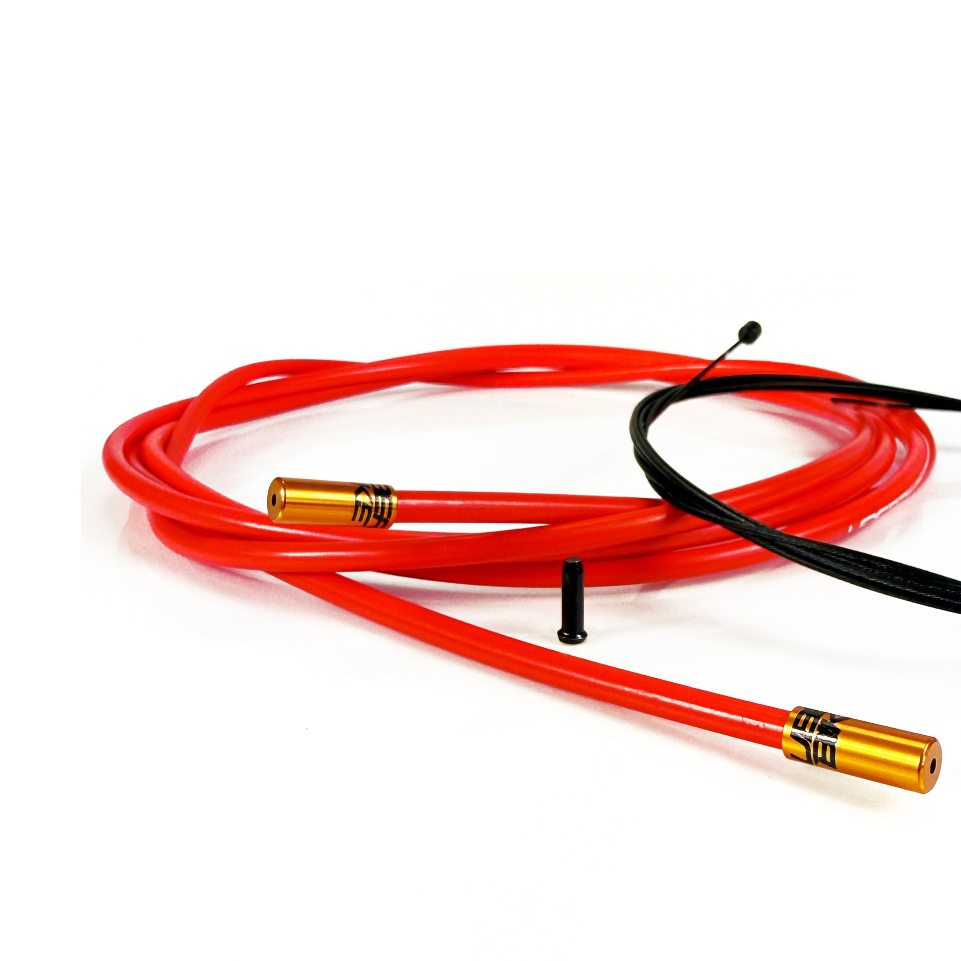 red road gear cable with gold sealed ferrules on a white background