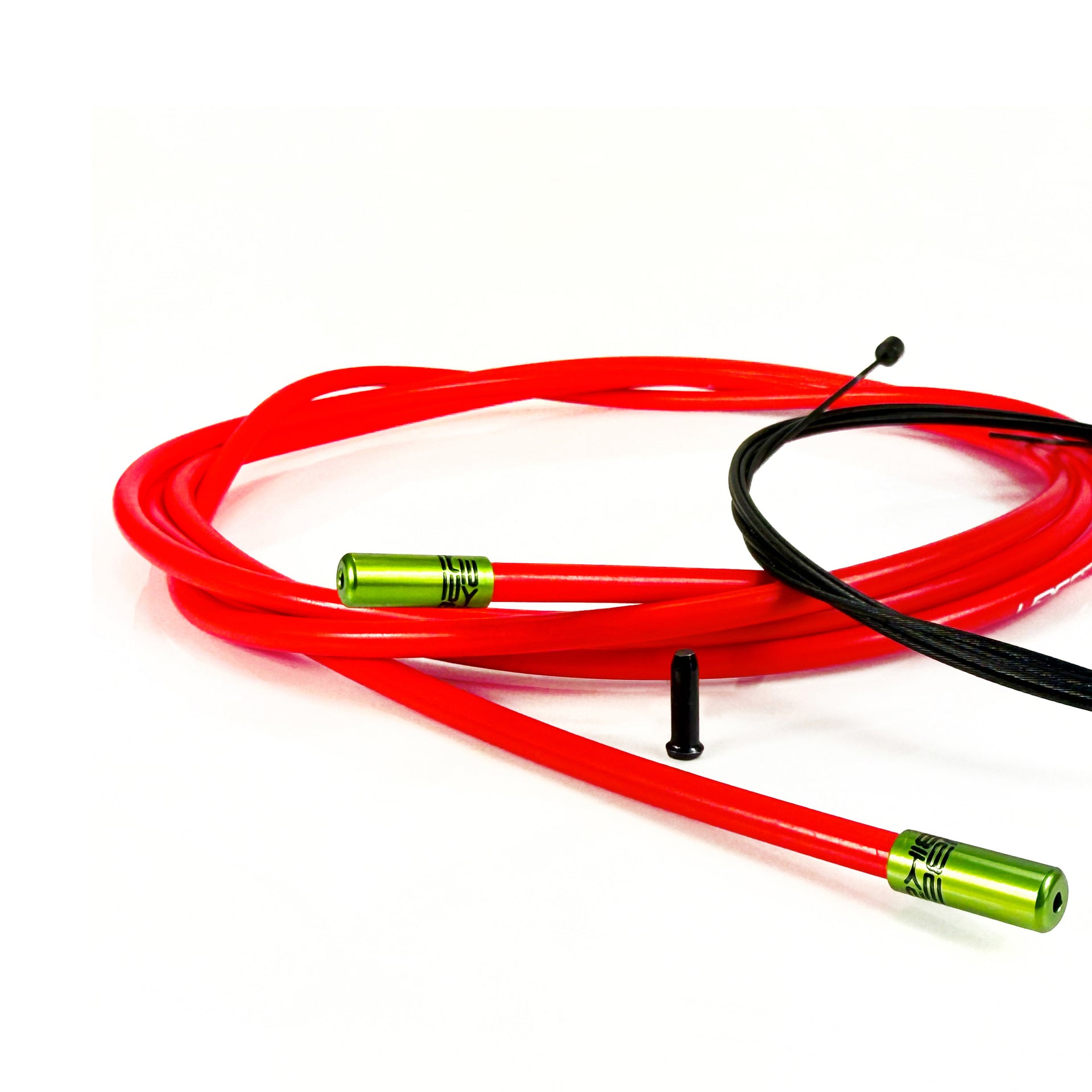 red road gear cable with green sealed ferrules on a white background