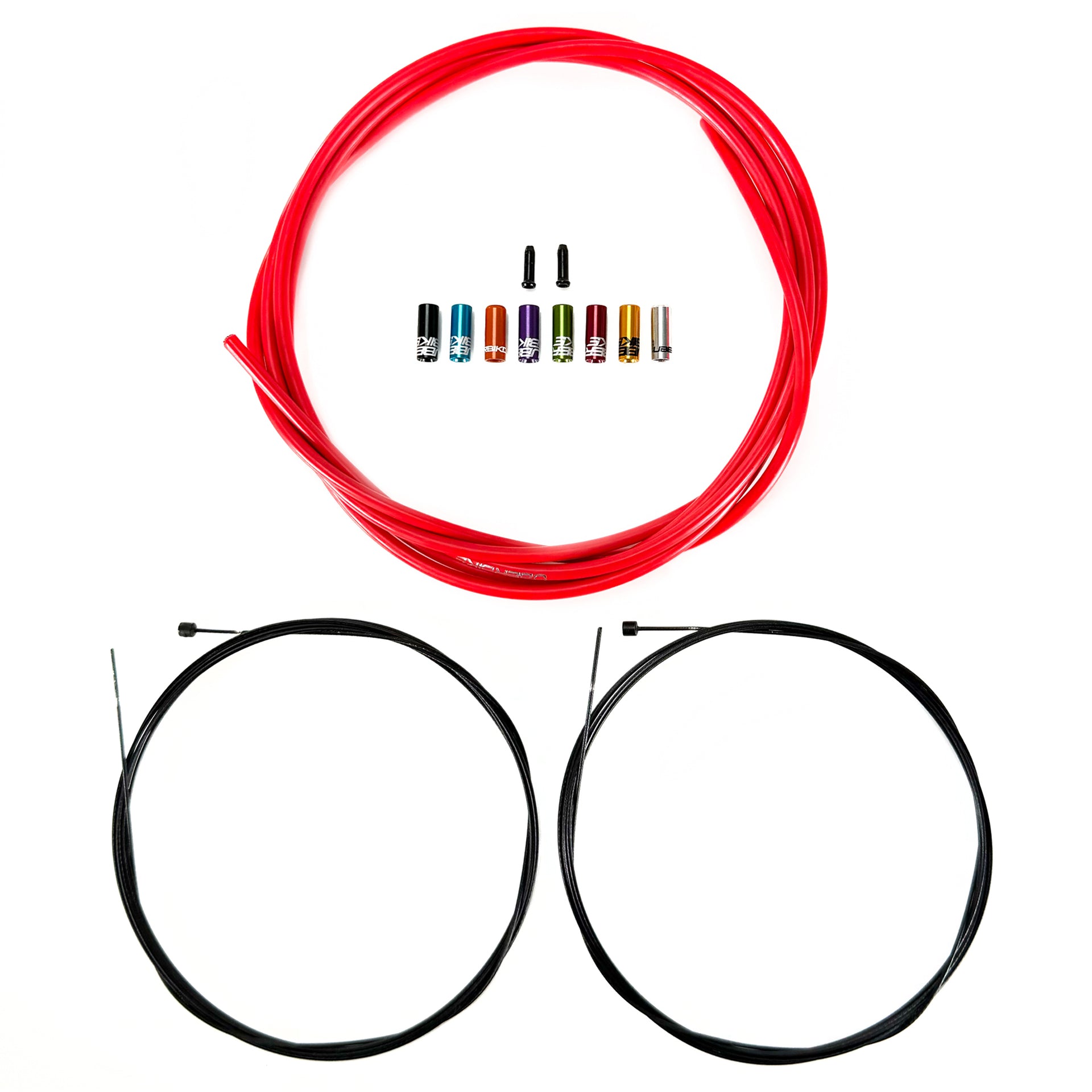 Red gear cable with two gear inner wires, end caps and sealed ferrules on a white background