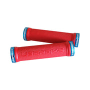 2 red skinny mountain bike grips with blue lockrings and uberbike branding on a white background