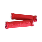 2 red skinny mountain bike grips with red lockrings and uberbike branding on a white background
