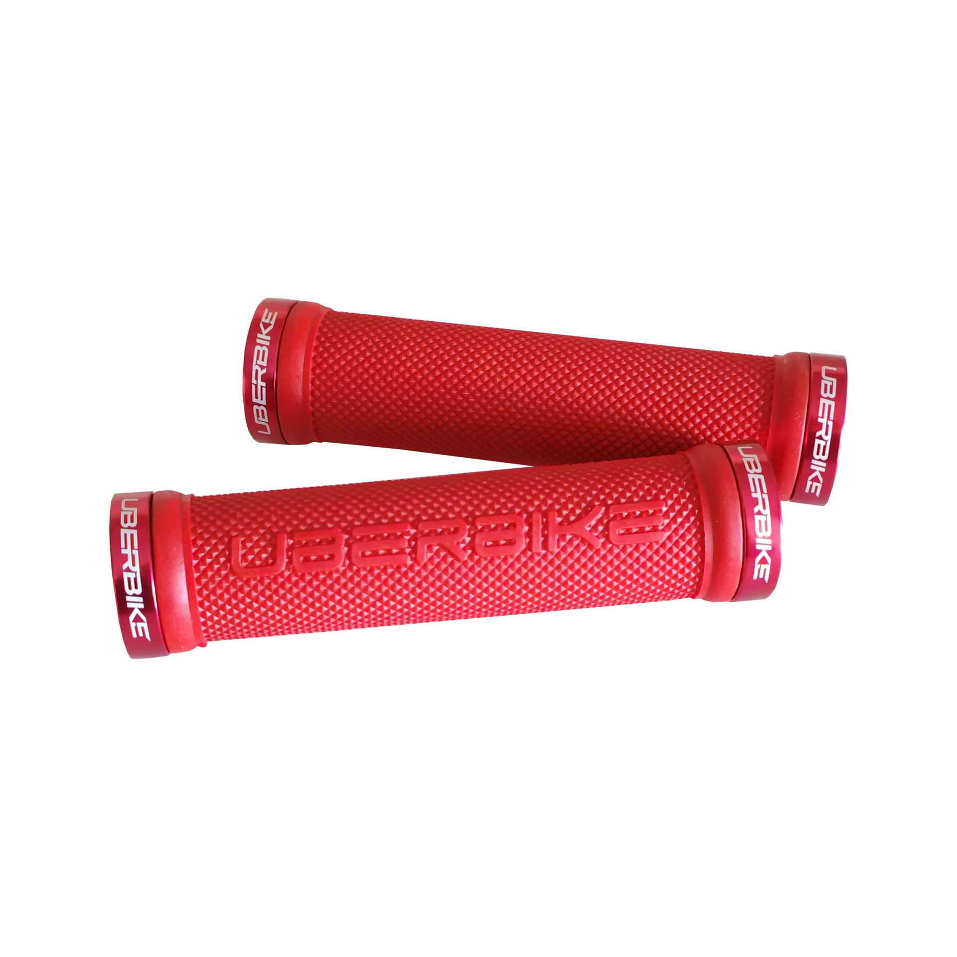 2 red skinny mountain bike grips with red lockrings and uberbike branding on a white background