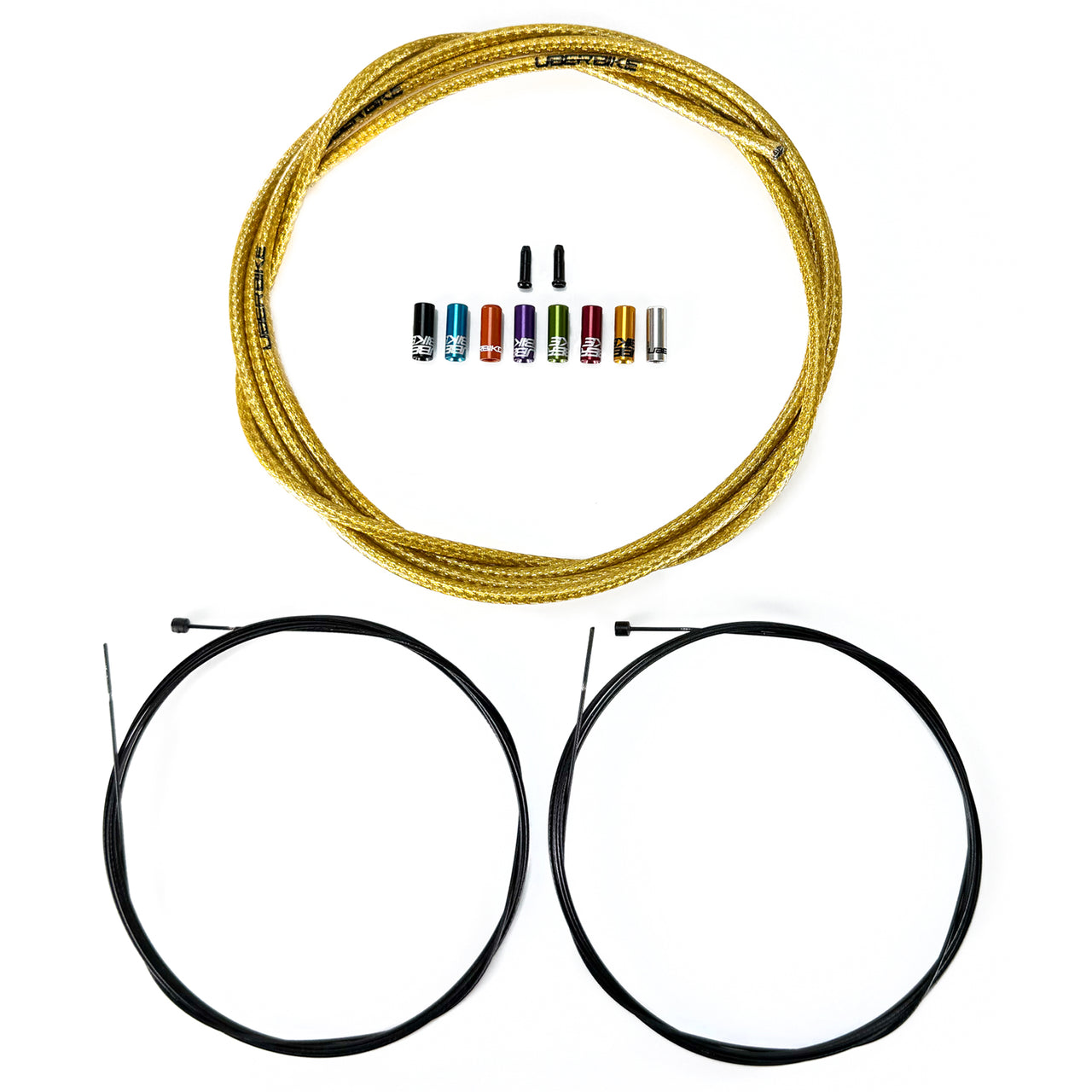 gold braid road gear cable with 8 different coloured sealed ferrules, two gear inner wires and 2 end caps on a white background