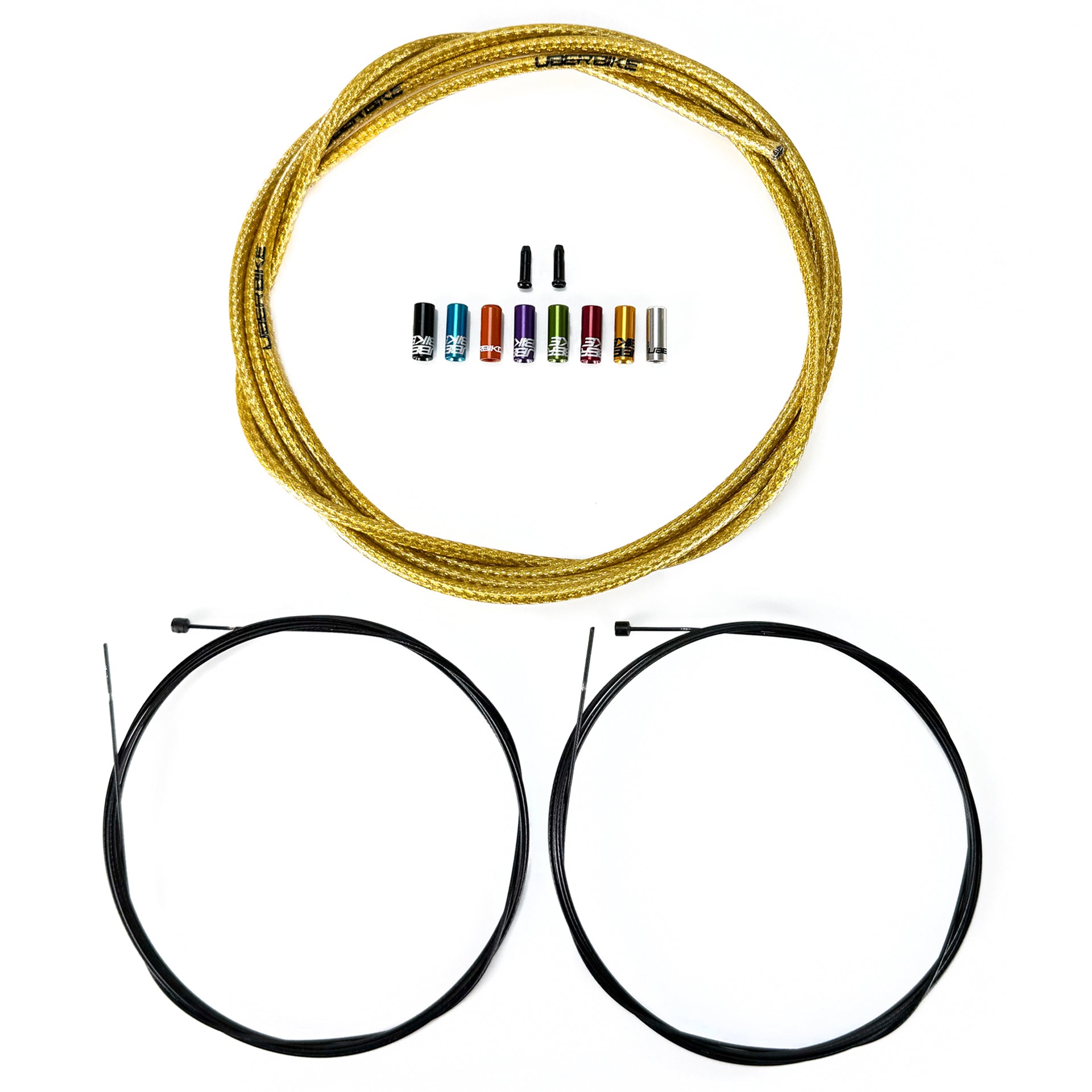 gold braid road gear cable with 8 different coloured sealed ferrules, two gear inner wires and 2 end caps on a white background