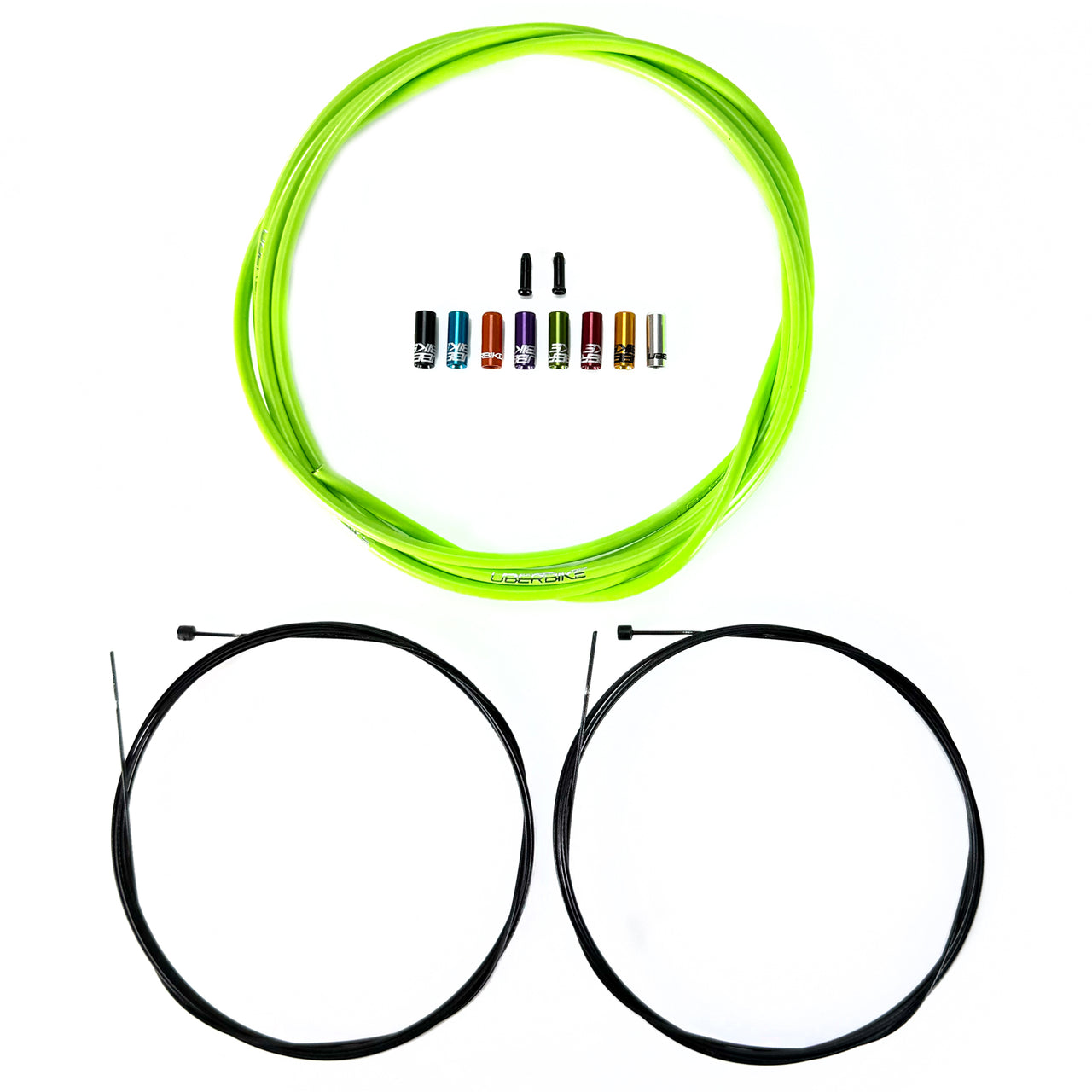 Road gear cable kit in green with sealed ferrules and gear inner wire on a white background