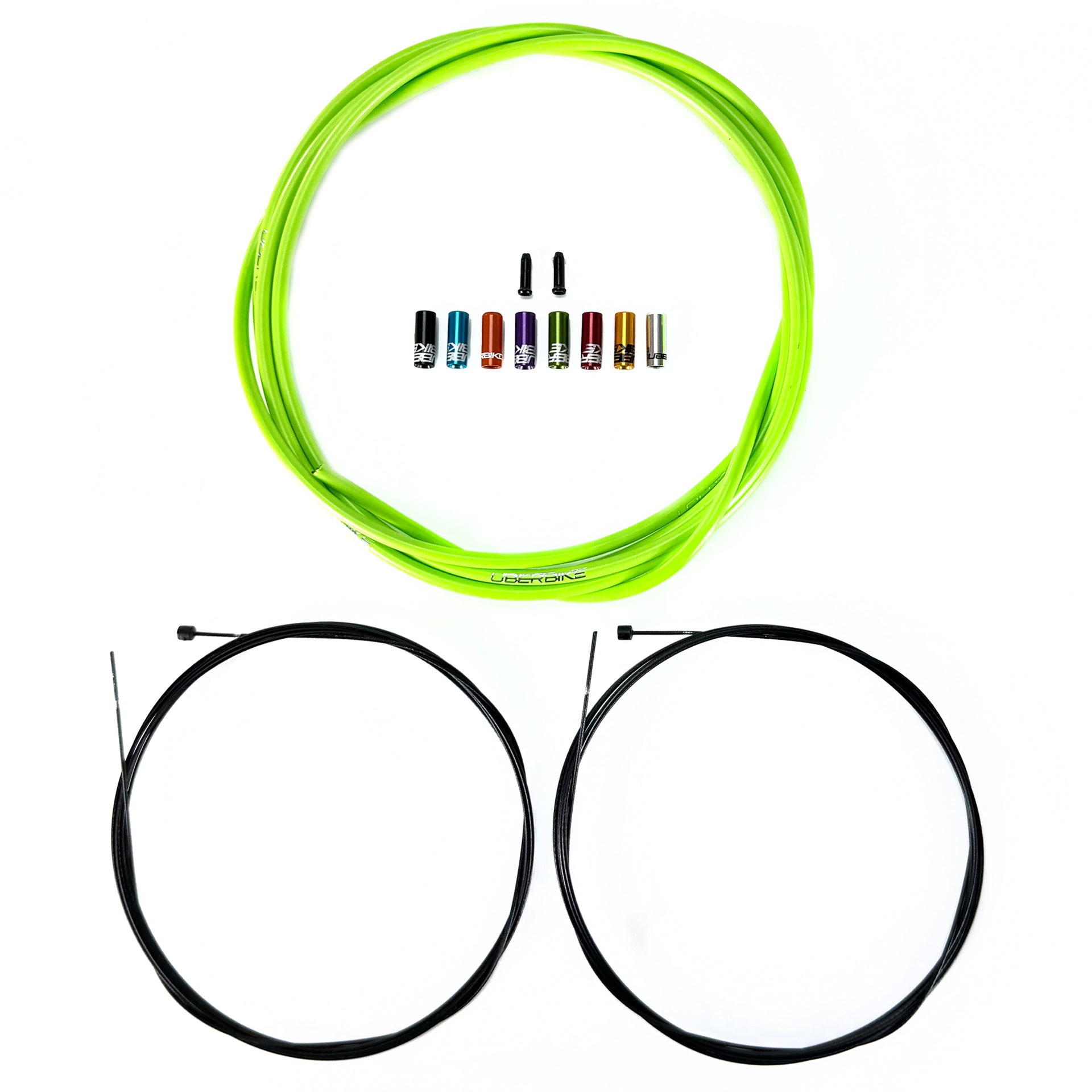 Road gear cable kit in green with sealed ferrules and gear inner wire on a white background