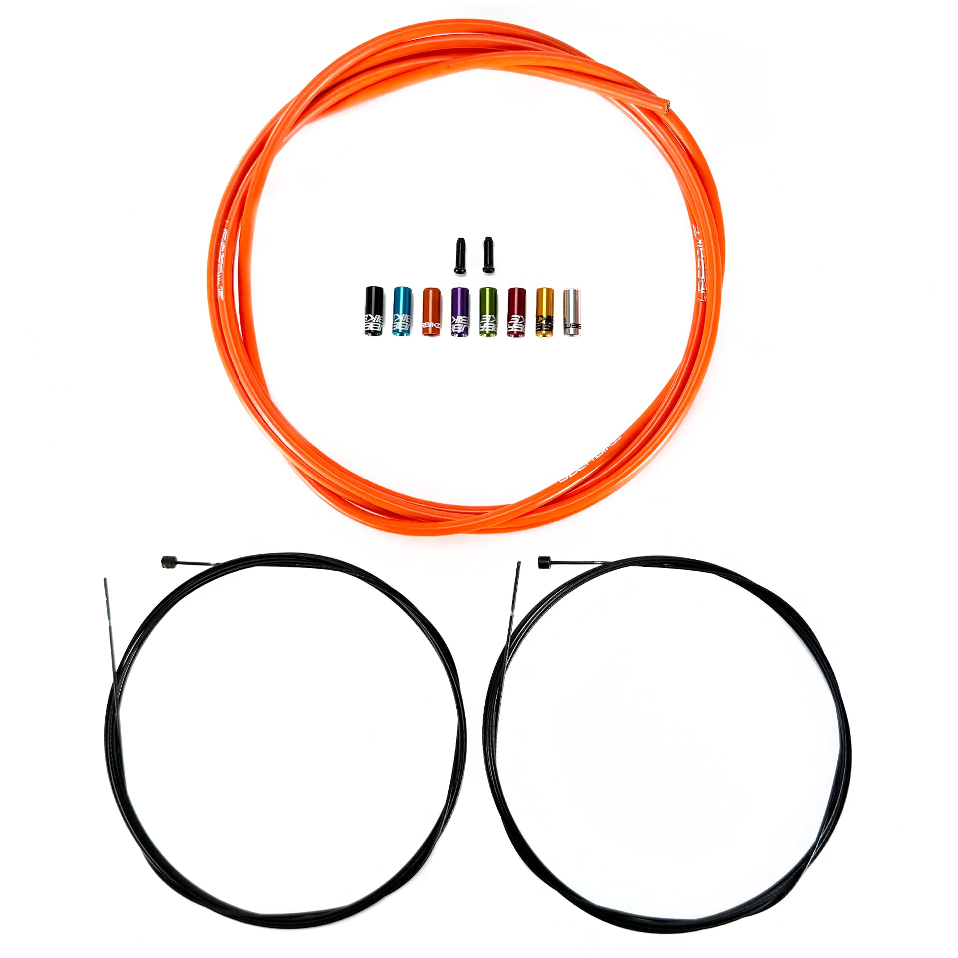 Orange gear cable, two gear inner wires, end cap and various sealed ferrules on a white background
