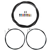 smoke braid gear cable, 8 different coloured ferrules, two gear inner wires and two black end caps on a white background