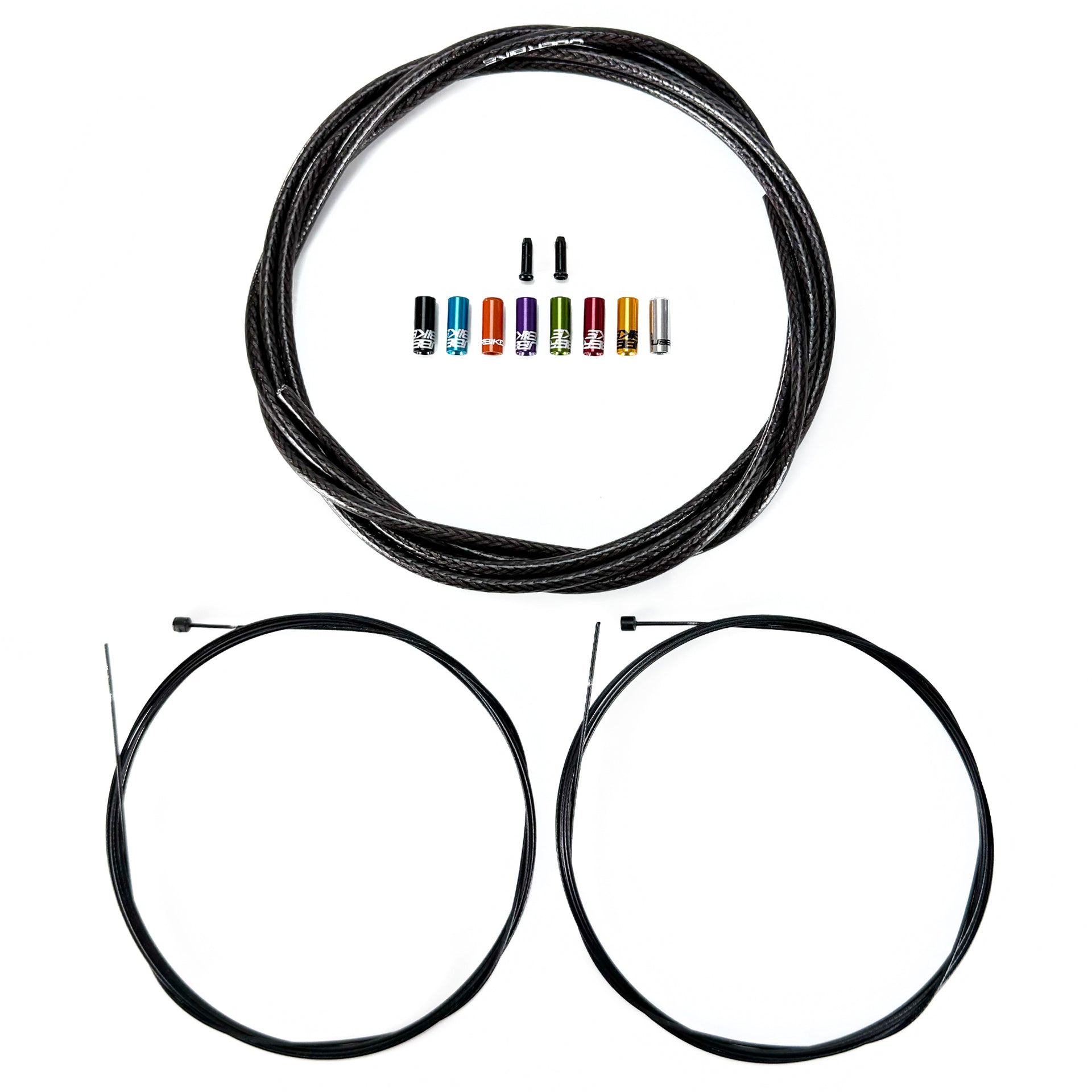 smoke braid gear cable, 8 different coloured ferrules, two gear inner wires and two black end caps on a white background