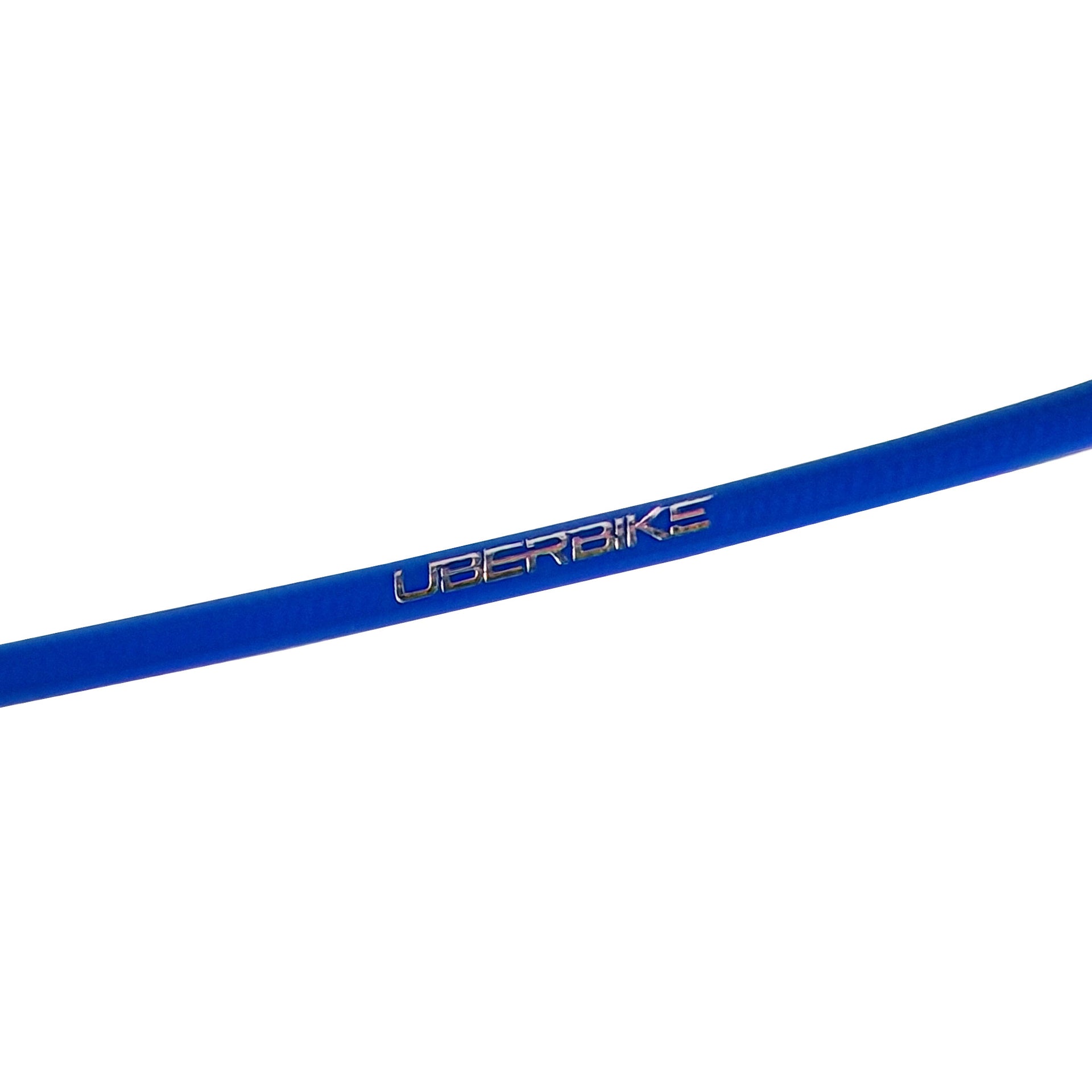 shigura blue kevlar hydraulic brake hose for aluminium fitting kit with Uberbike branding on a white background