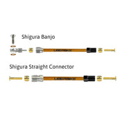 a diagram showing all the brake fittings for shigura kevlar braid hydraulic brake hose kits on a white background