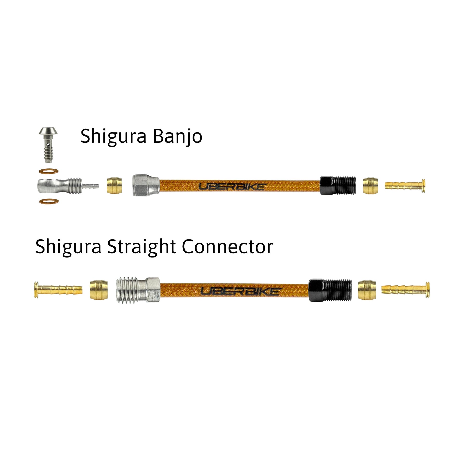 a diagram showing all the brake fittings for shigura kevlar braid hydraulic brake hose kits on a white background