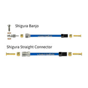 a diagram showing all the brake fittings for shigura hydraulic brake hose kits on a white background
