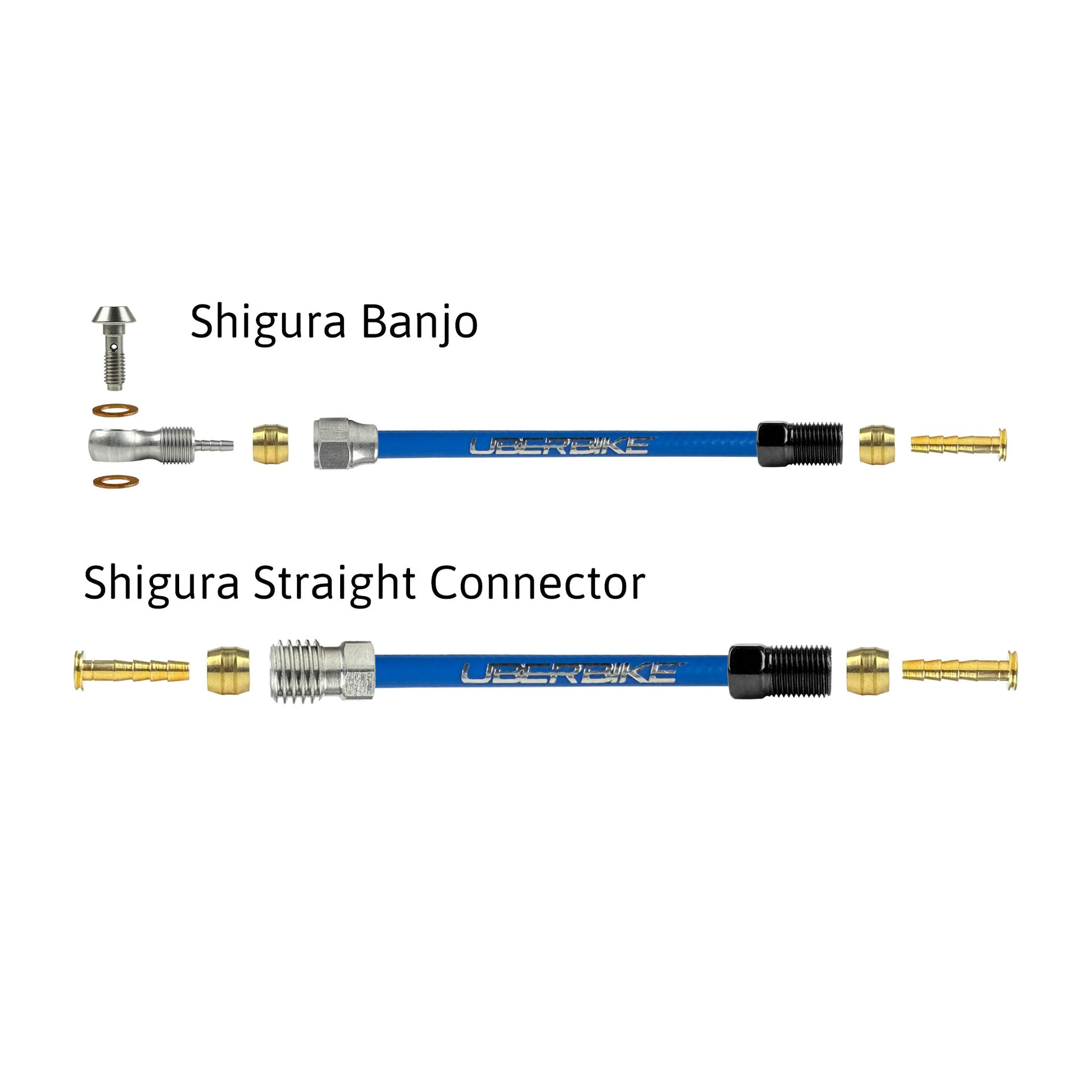 a diagram showing all the brake fittings for shigura hydraulic brake hose kits on a white background