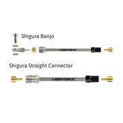 a diagram showing all the brake fittings for shigura stainless braid hydraulic brake hose kits on a white background