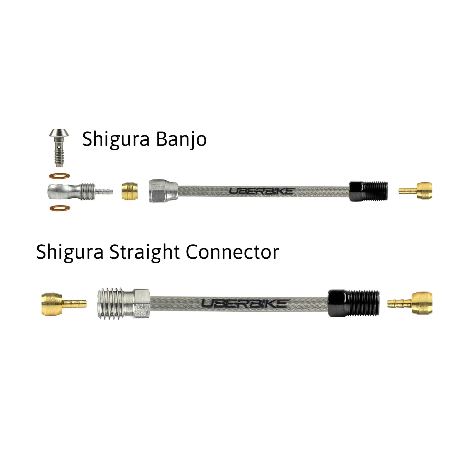 a diagram showing all the brake fittings for shigura stainless braid hydraulic brake hose kits on a white background