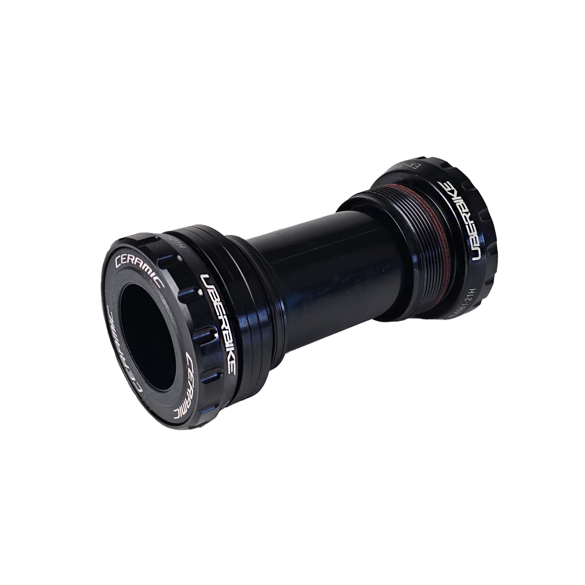 Black Shimano Hollowtech II ceramic bottom bracket with uberbike branding on a white background
