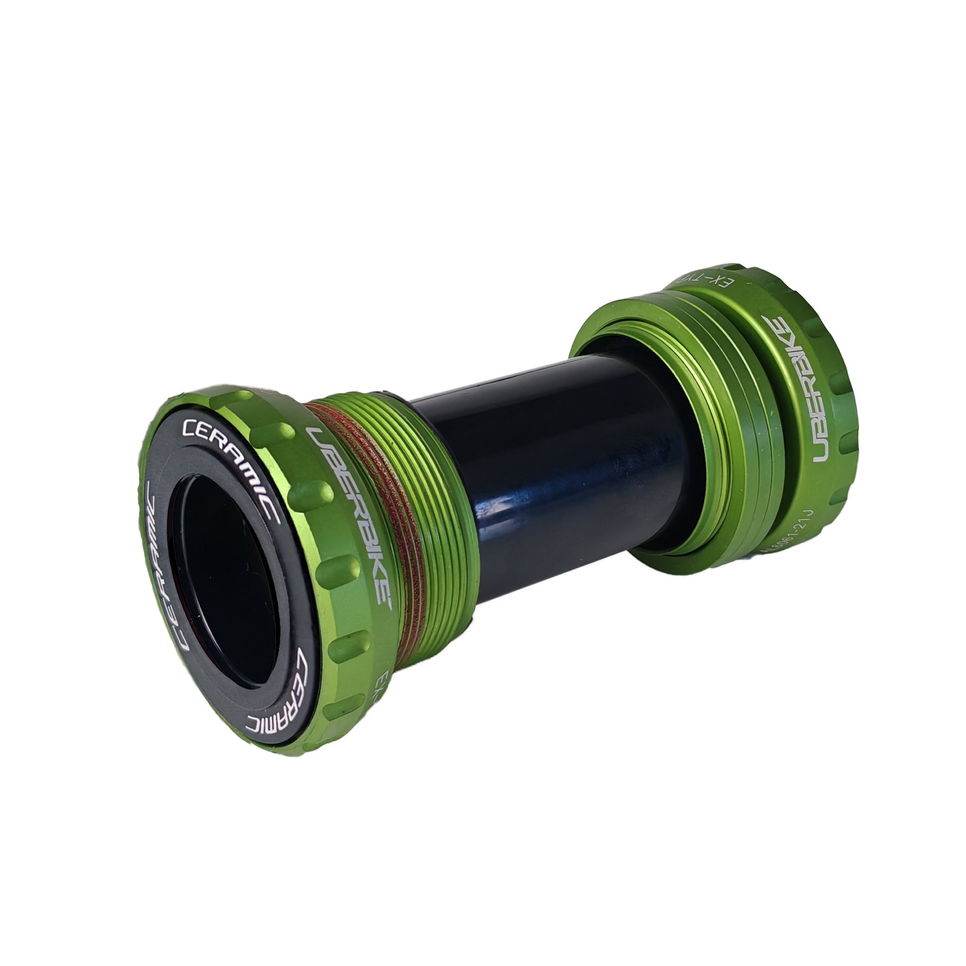 Green Shimano Hollowtech II ceramic bottom bracket with uberbike branding on a white background