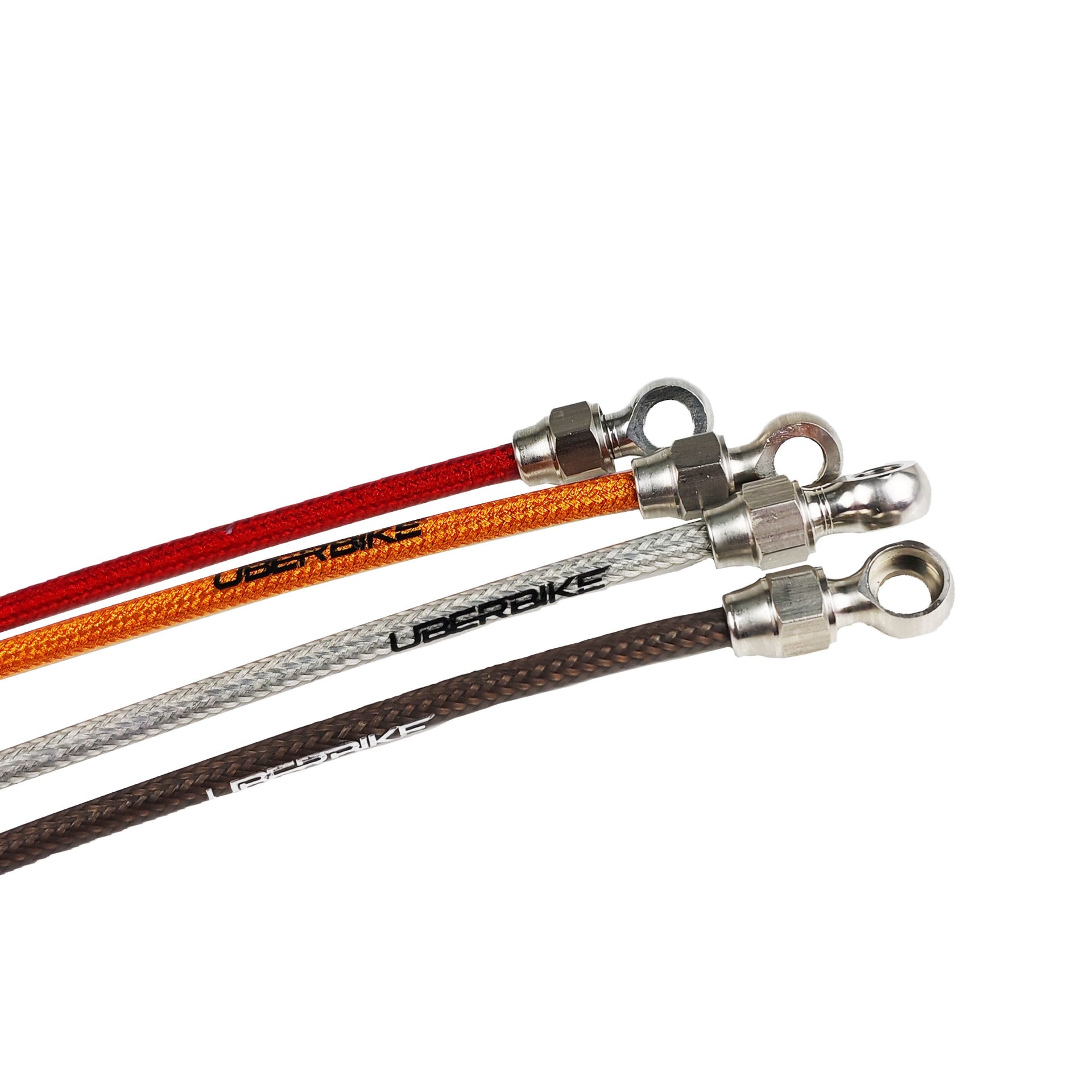 5 different coloured shimano XTR kevlar braid hydraulic brake hose on a white background