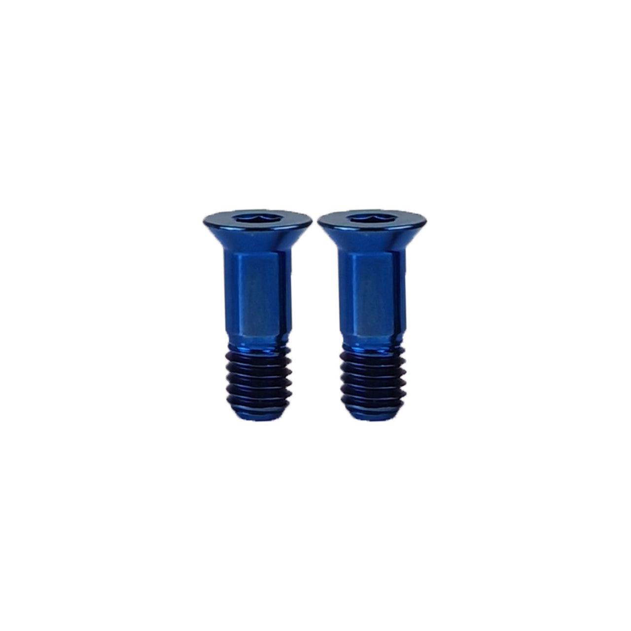 2 blue shimano jockey wheel bolts on a white background