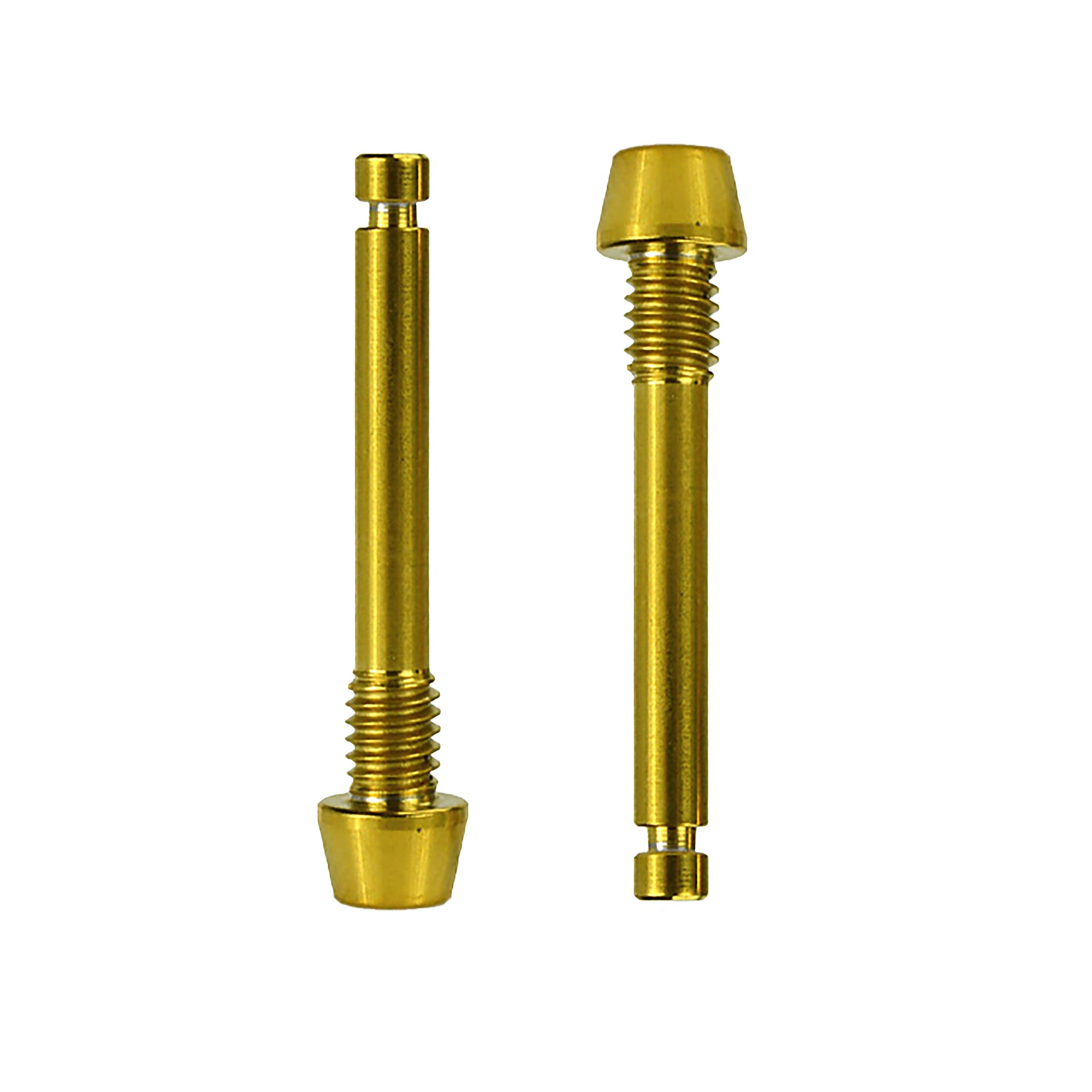 two gold shimano disc brake retaining pad pins on a white background