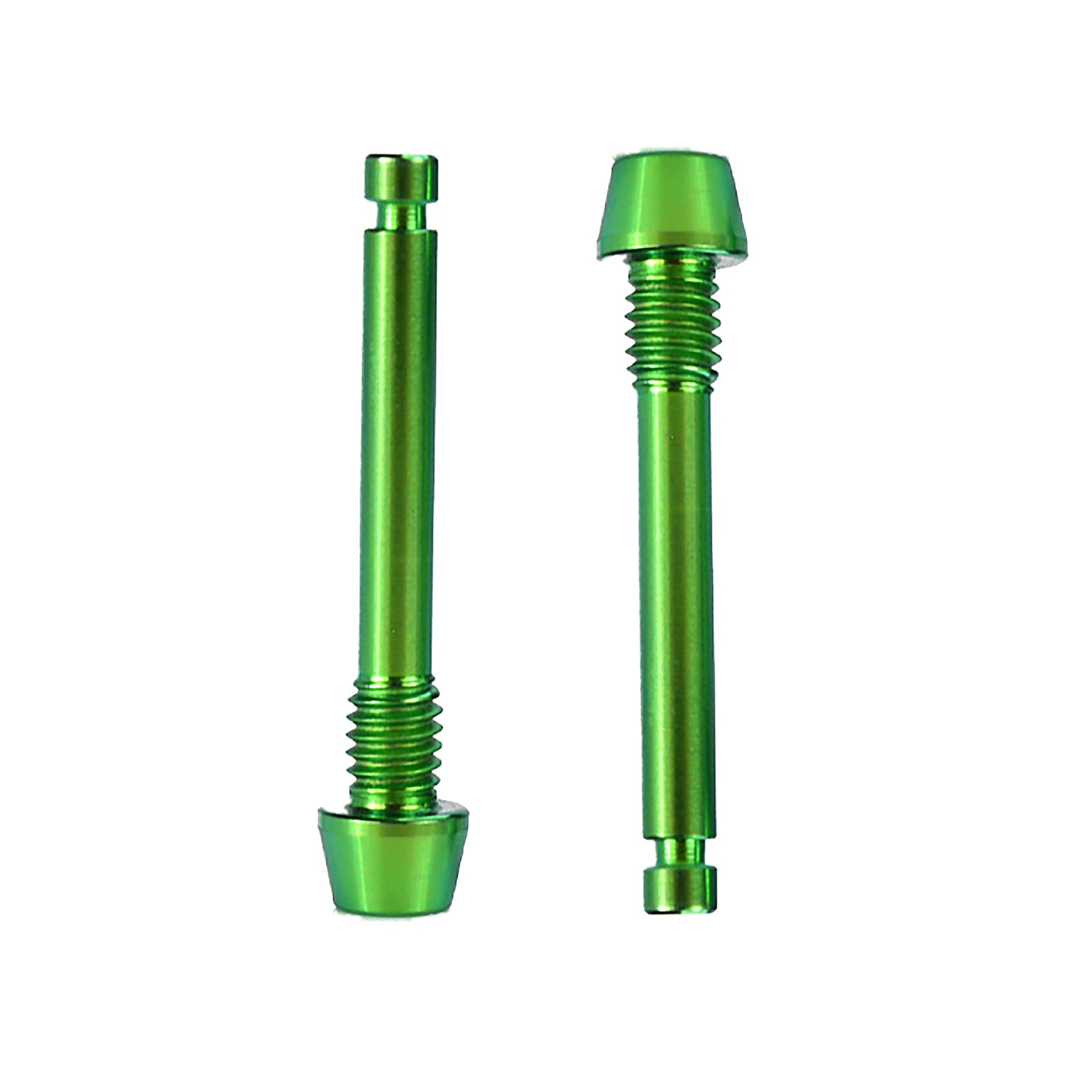 two green shimano disc brake retaining pad pins on a white background