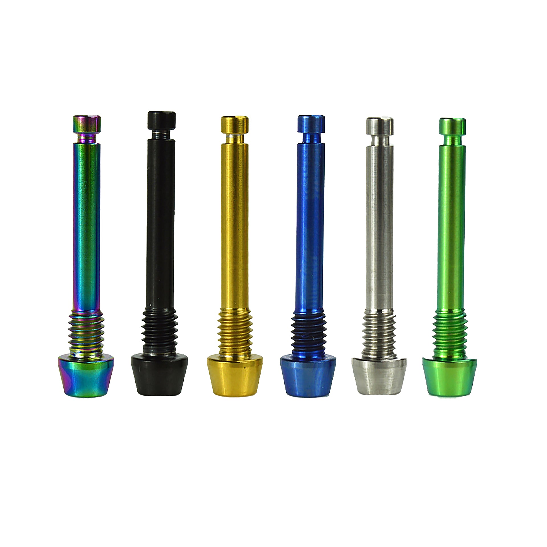6 different coloured shimano disc brake retaining pad pins on a white background
