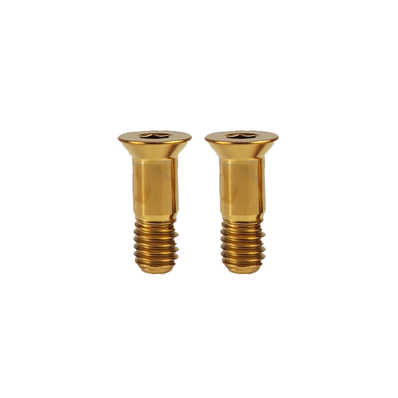 2 gold shimano jockey wheel bolts on a white background