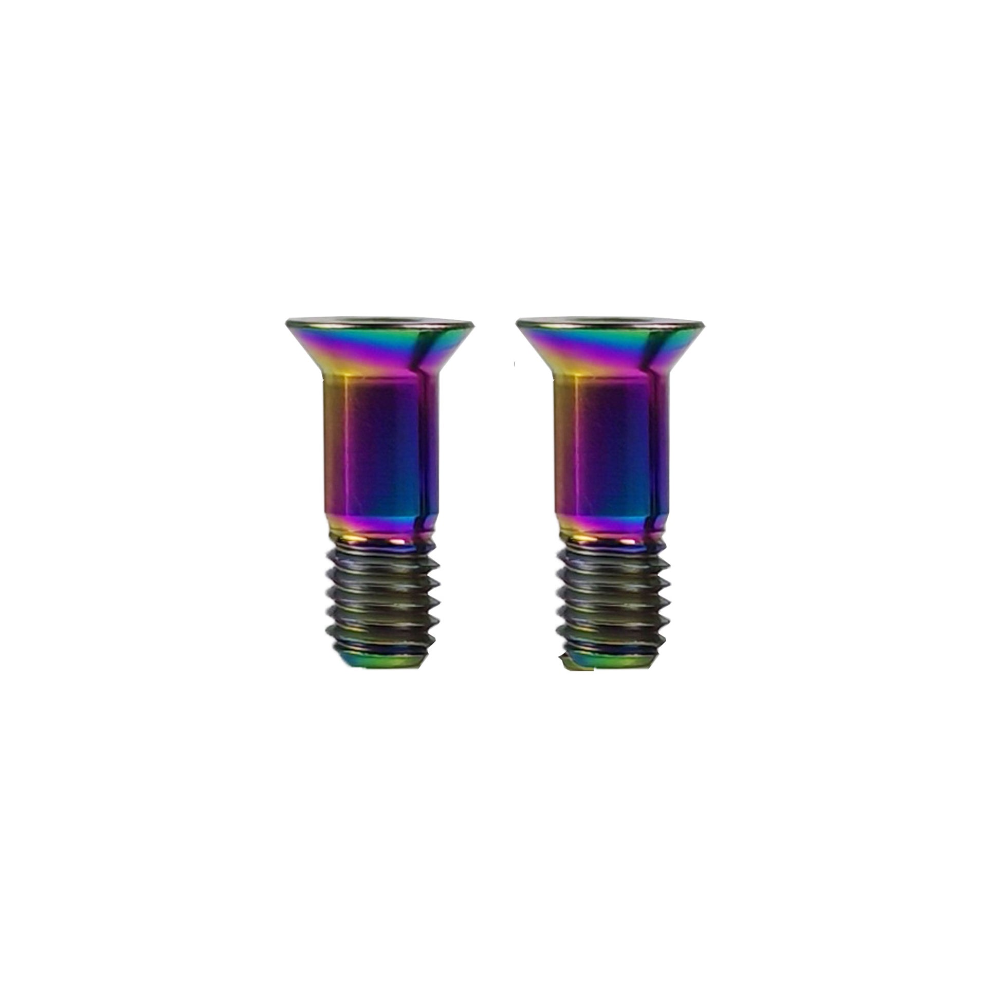 Two rainbow-colored shimano jockey wheel bolts on a white background