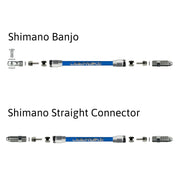 a diagram showing shimano aluminium banjo and straight connector fittings for kevlar hydraulic hose on a white background