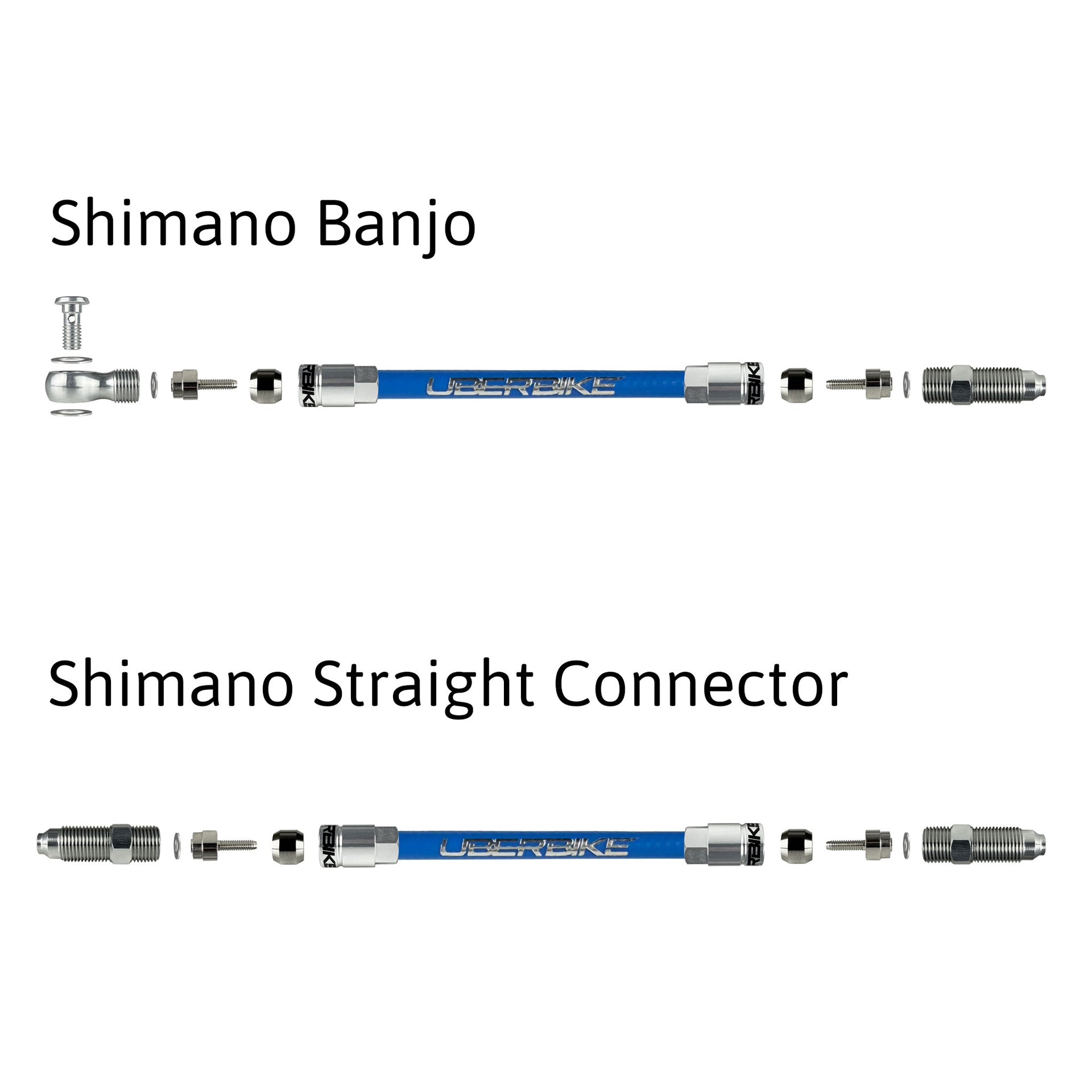 a diagram showing shimano aluminium banjo and straight connector fittings for kevlar hydraulic hose on a white background