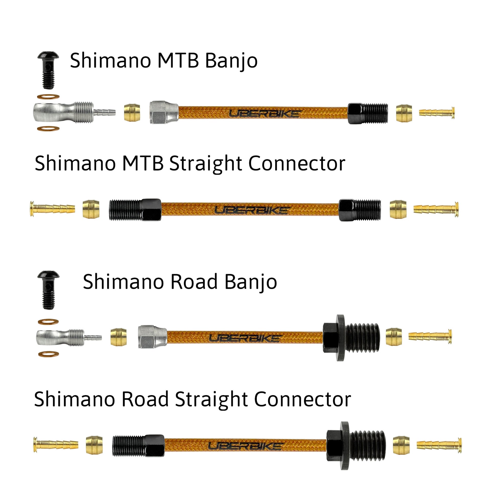 a diagram showing all the brake fittings for shimano kevlar braid hydraulic brake hose kits on a white background