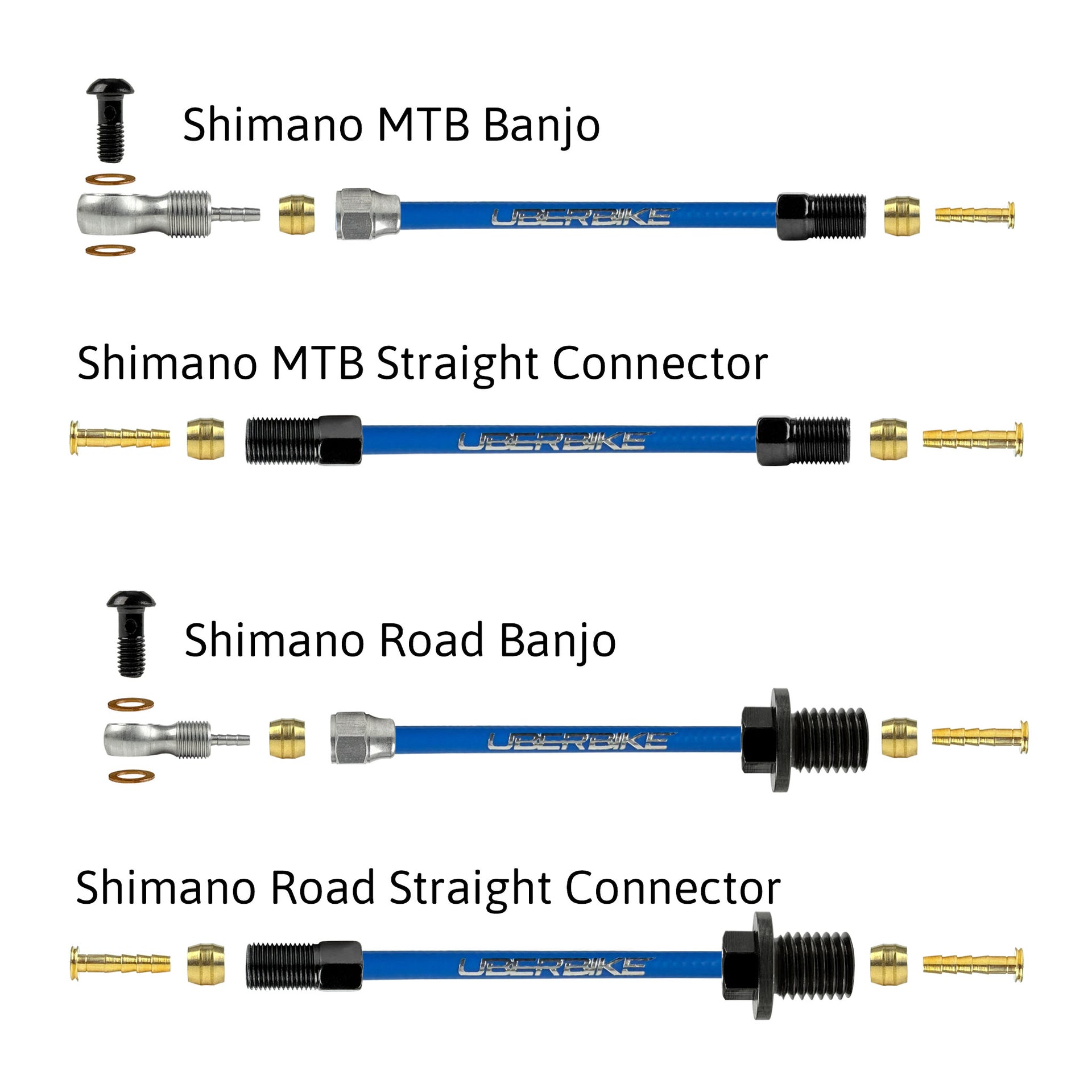 a diagram showing all the brake fittings for shimano hydraulic brake hose kits on a white background