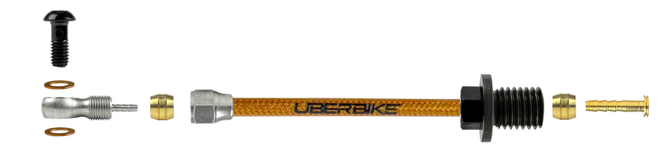Shimano hydraulic kevlar braid brake hose fittings using a road banjo bolt with Uberbike branding on a white background