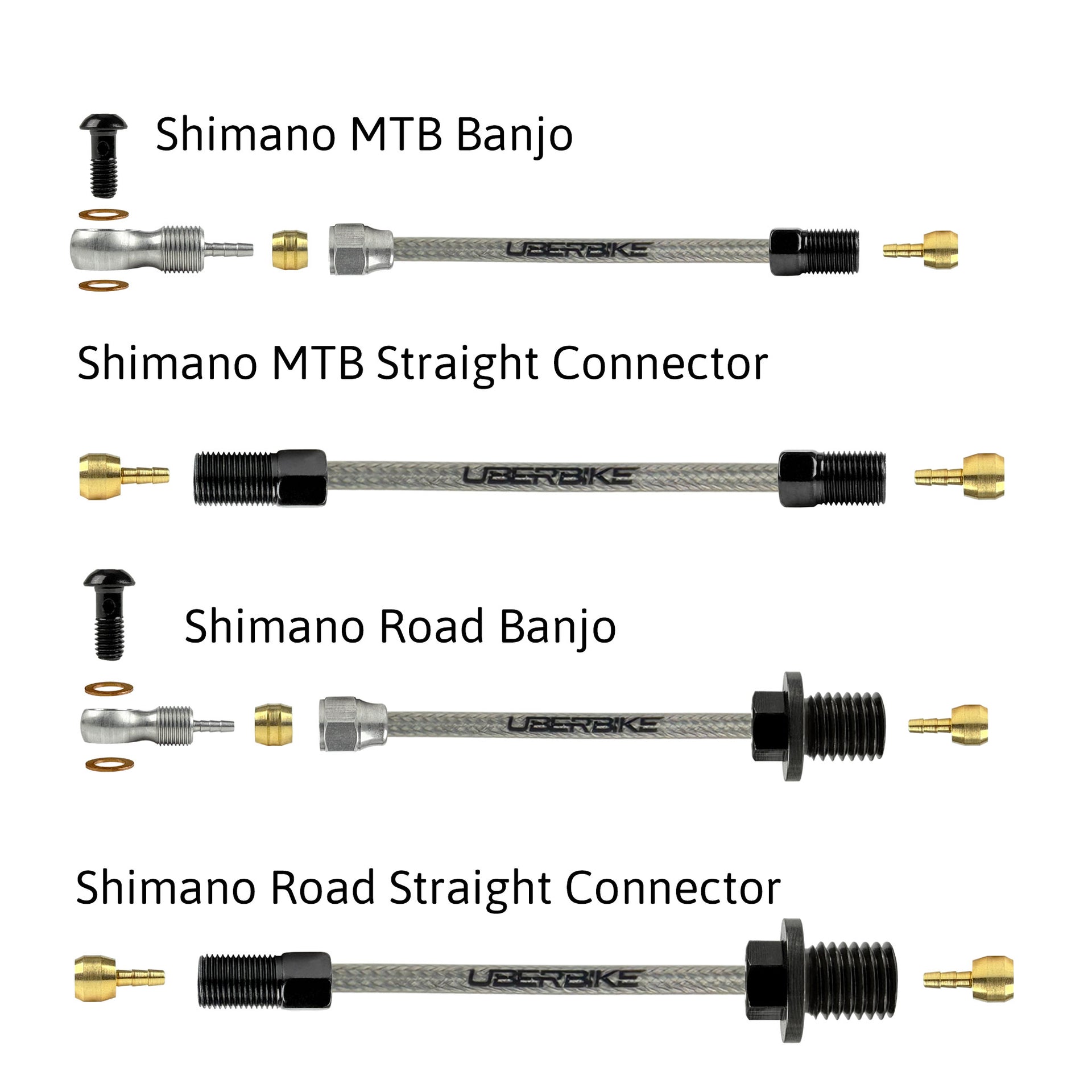 a diagram showing all the brake fittings for shimano stainless braid hydraulic brake hose kits on a white background
