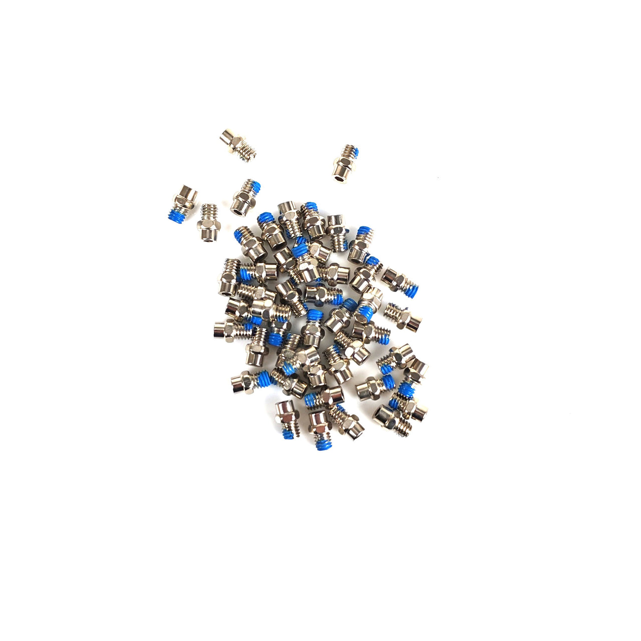 a variety of raw silver pedal pins for flatout MTB pedals on a white background