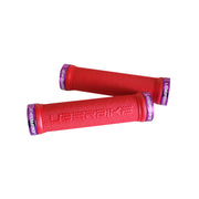 2 red skinny mountain bike grips with purple lockrings and uberbike branding on a white background