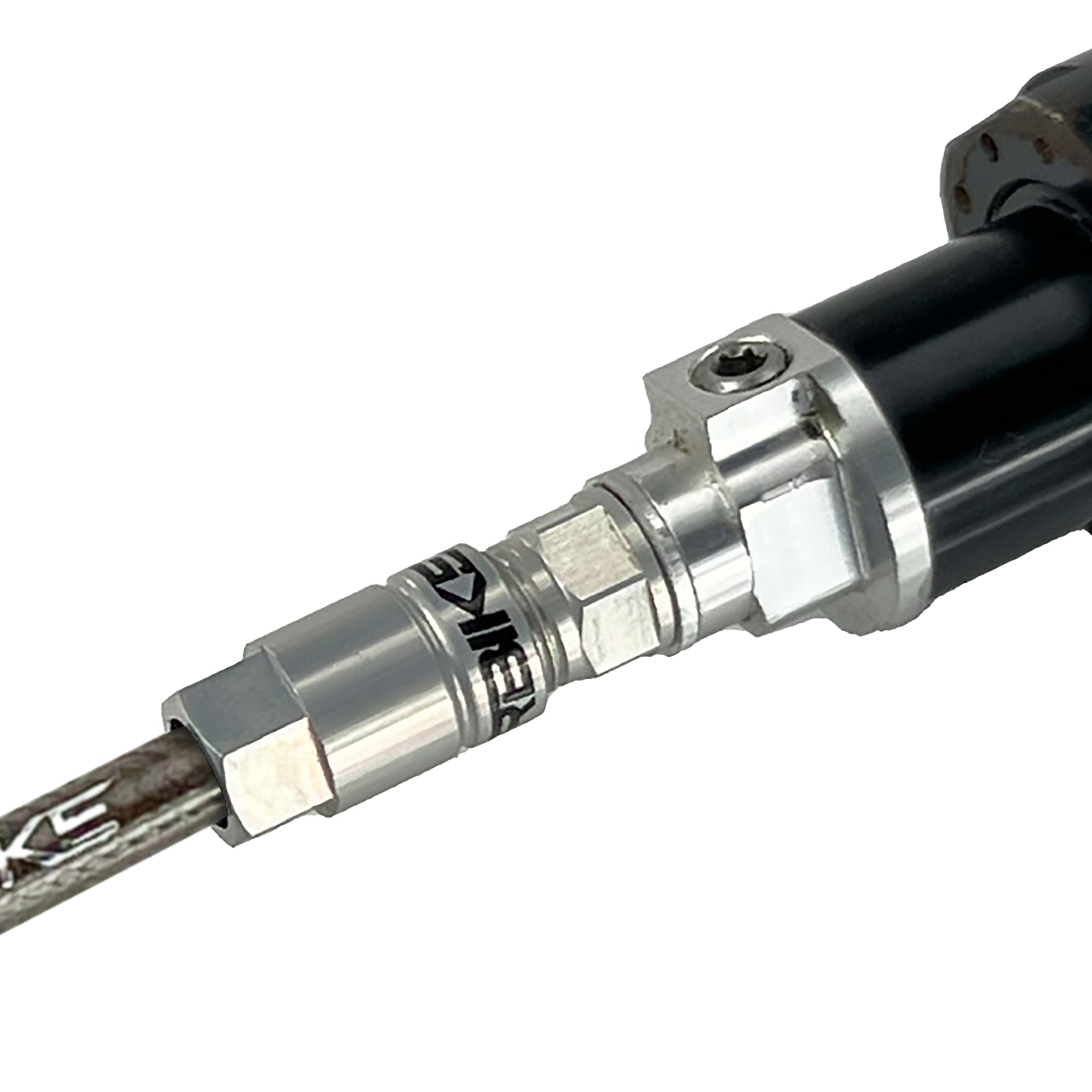 smoke braid reverb hose installed in a dropper post on a white background