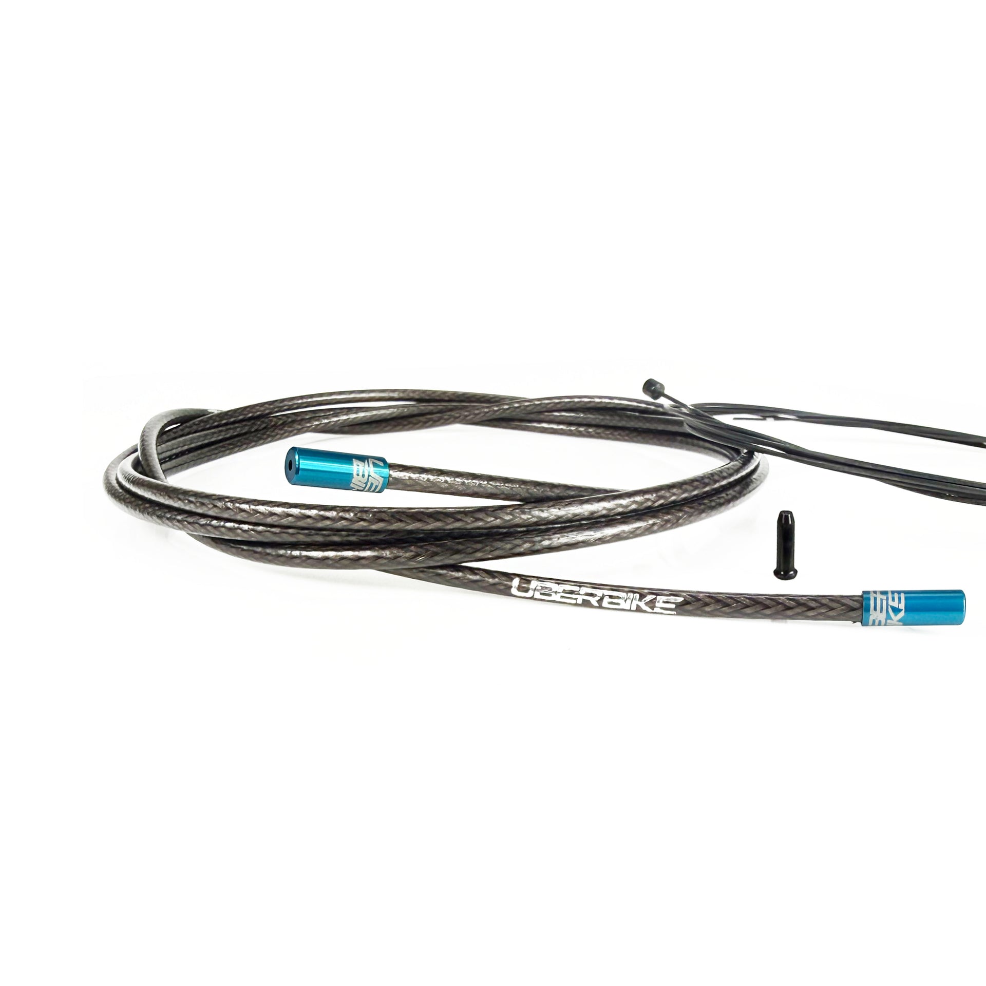 smoke braid gear cable with blue sealed ferrules on a white background